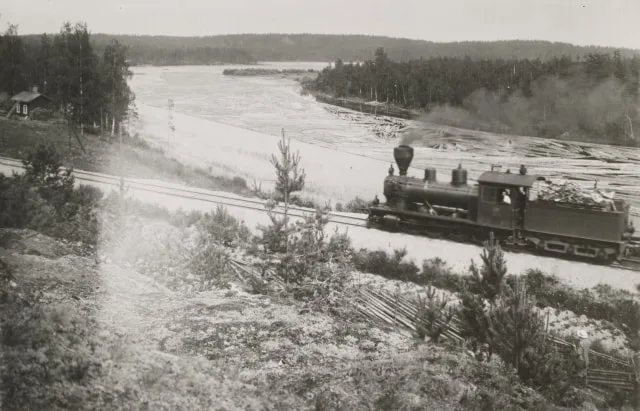 Tukkivarasto Valkealan Lappalanjärvessä Harjun rautatieaseman luona 1912.